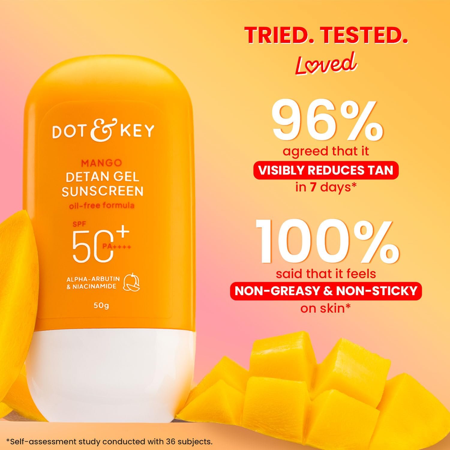 Dot & Key Mango Detan Gel Sunscreen In-Vivo Tested SPF 50+ PA++++, Oil-Free Formula, With Alpha-Arbutin & Niacinamide, Controls Tanning, 120 Minutes Water Resistant, Brightens | 50g thumbnail
