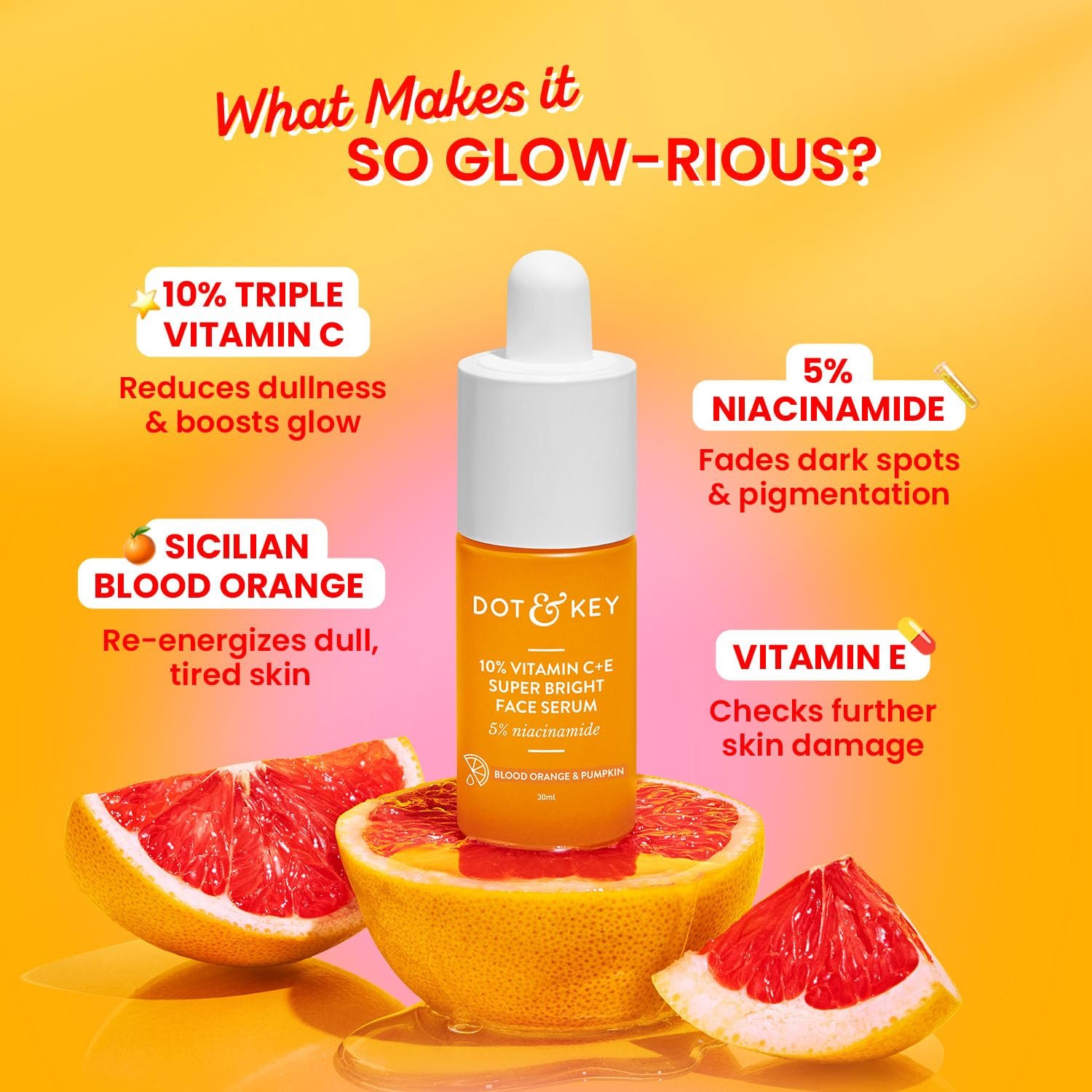 DOT & KEY 10% Vitamin C + E Serum with 5% Niacinamide,for Glowing Skin,Fades Dark Spots & Hyperpigmentation,Infused with Blood Orange & Pumpkin,Targets Dull & Uneven Skin 20ml thumbnail