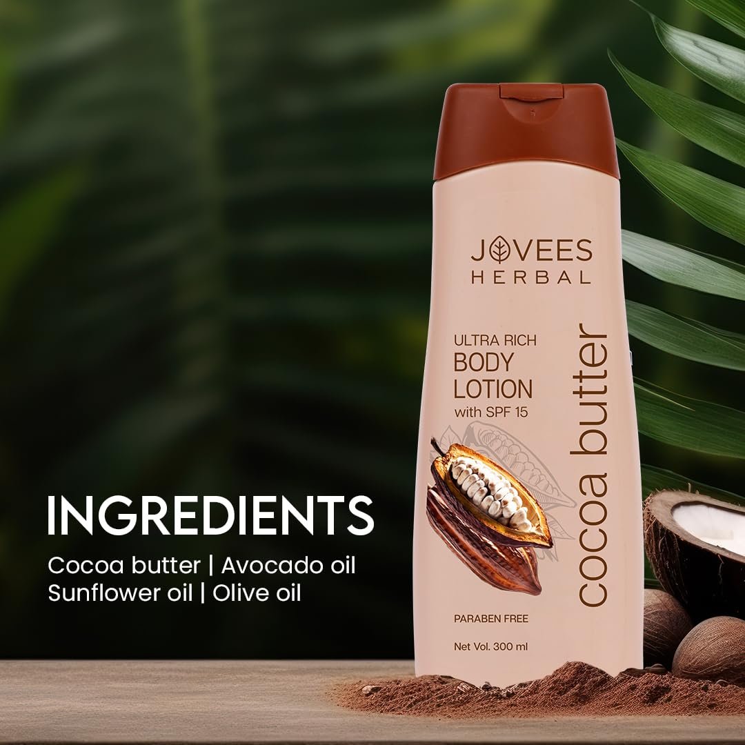 Jovees Herbal Cocoa Butter Body Lotion Provides Deep Moisturisation | Non Sticky Body Moisturizer With Cocia Butter | Winter Body Lotion For Smooth and Healthy Looking Skin | 300ml thumbnail