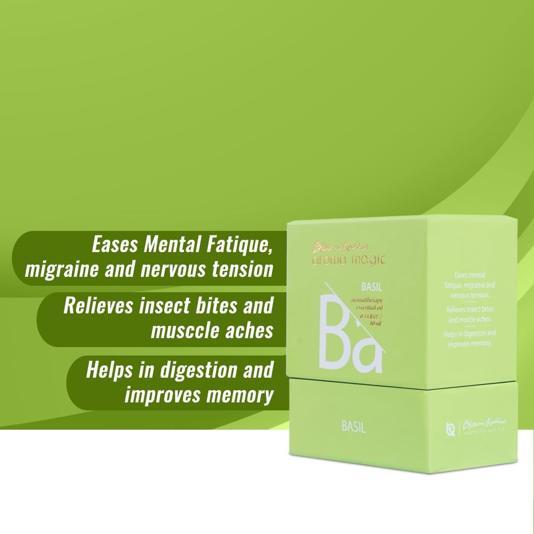Aroma Magic Basil Essential Oil – 100% Pure Ocimum Basileus | Relieves, Calms Nerves | Natural Remedy for Acne, Cold, & Stress – 10ml thumbnail