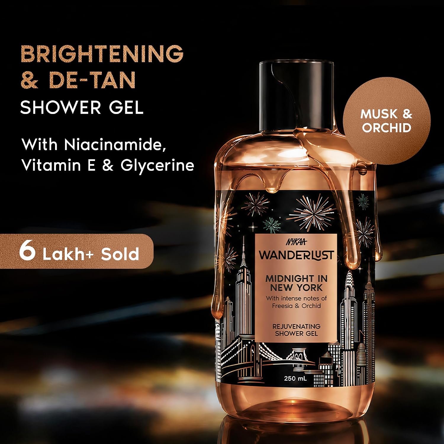 Nykaa Wanderlust Midnight in New York Detan Floral Perfume Body Wash, with Niacinamide, Vitamin E & Glycerine, Orchid & Musk, Shower Gel for Smooth & Soft Skin | 250 ml thumbnail