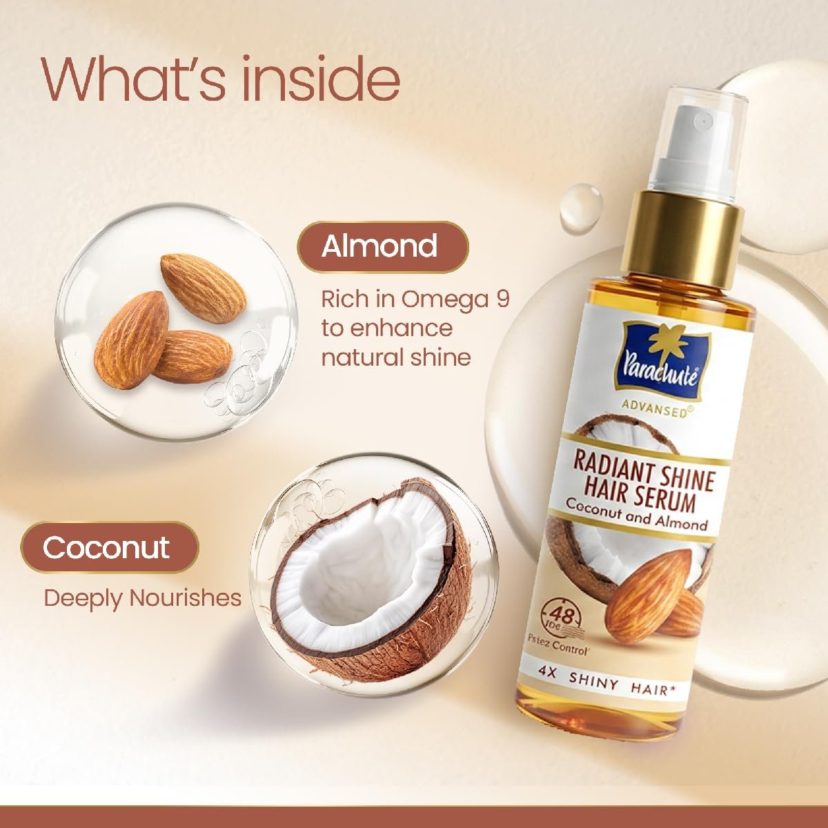 Parachute Advansed Radiant Shine Hair Serum | Coconut & Almond | 48 Hr Frizz Control | 4X Shiny Hair | 100ml thumbnail