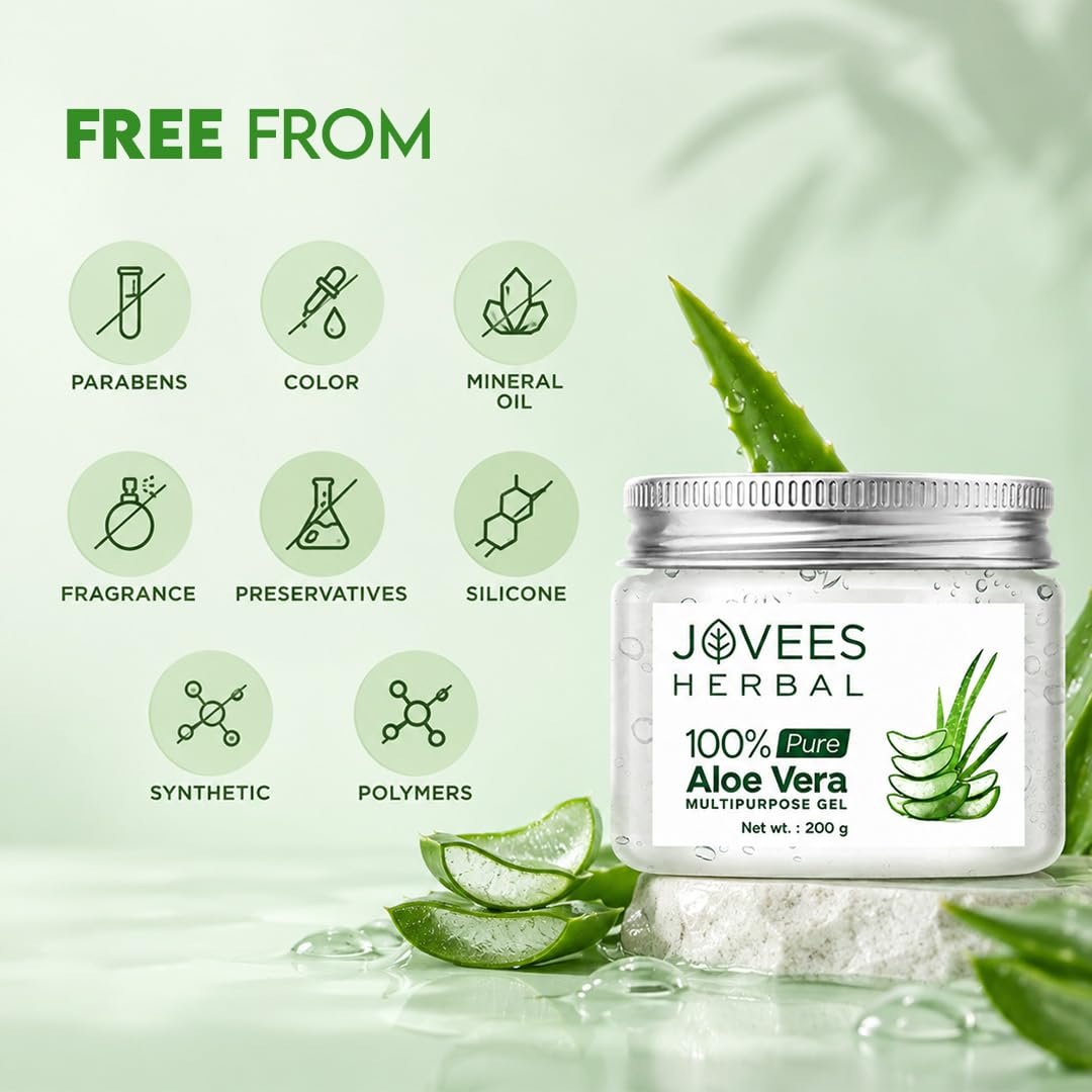 Jovees Herbal 100% Pure Aloe Vera Gel for Face, Hair (200gm) | Hydrating & Soothing Gel for Acne Scars, Blemishes, Anti-Aging & Skin Redness | Multipurpose Aloe Vera Gel for Moisturization thumbnail