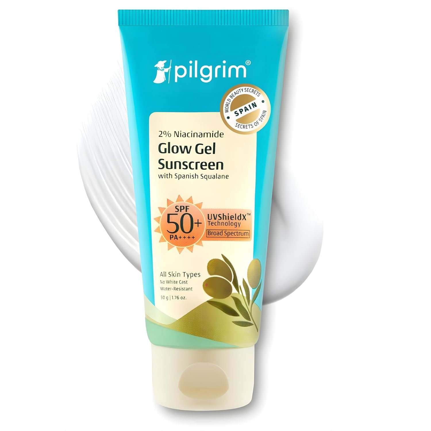 Pilgrim 2% Niacinamide Glow Sunscreen SPF 50 +++ for Women and Men with Spanish Squalane | Enhances Glow, Broad spectrum, Non-greasy, No white cast & Prevents Tanning | All skin types - 50 g