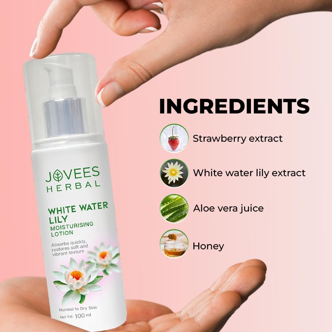 Jovees Herbal White Water Lily Moisturizing Lotion | For Normal to Dry Skin | Lightweight, Non-Sticky, Optimum Moisturization | 100ml thumbnail