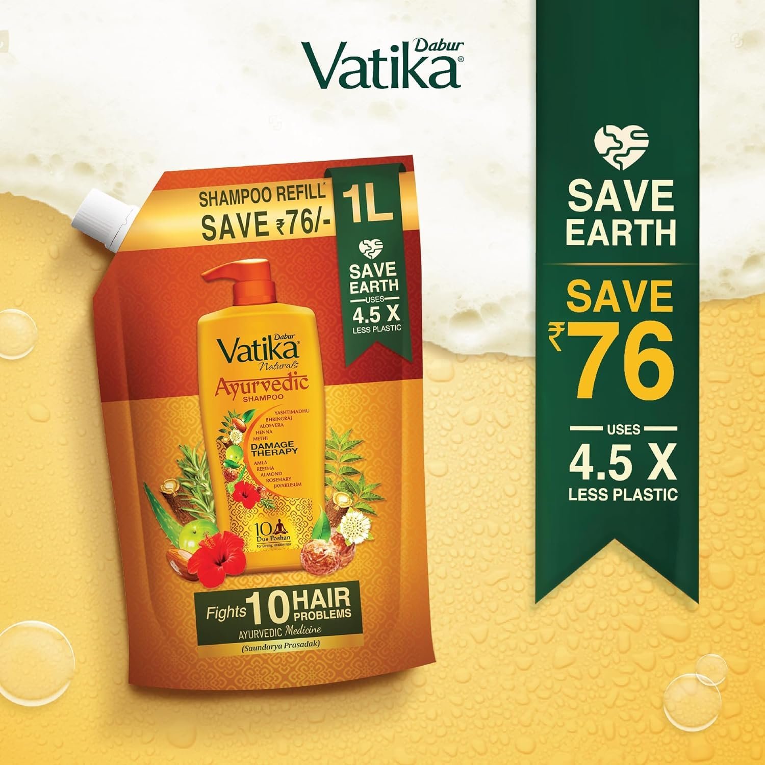 Dabur Vatika Ayurvedic Shampoo Refill Pouch - 1 L | Damage Therapy | Power of 10 Ingredients for Solving 10 Hair Problems | No Parabens | For All Hair Types thumbnail