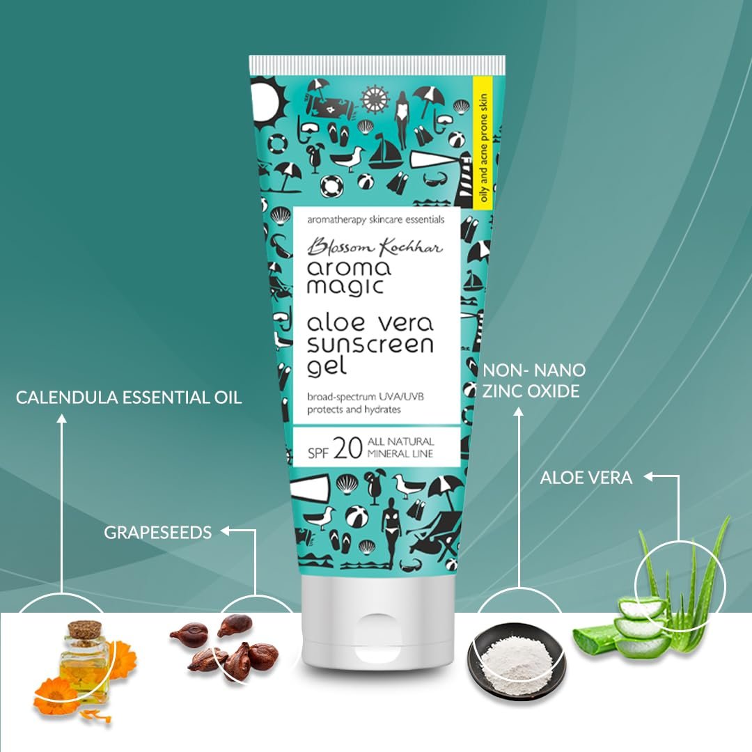 Aroma Magic Aloe Vera Sunscreen Gel 100ml | SPF 20 Protection for Oily Skin | Non-Nano Zinc Oxide, No Parabens or Alcohol | Acne Control & Hydration | For Oily & Acne Prone Skin thumbnail