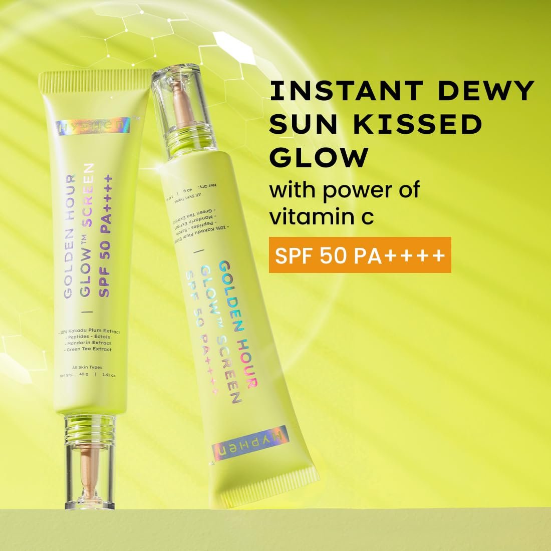 Hyphen Golden Hour Glow Sunscreen Spf 50 Pa++++ Dewy Glow & Bright Skin| Vitamin C Rich-10% Kakadu Plum & Peptides| Winter Sunscreen Moisturizer for Women & Men| - 40G thumbnail