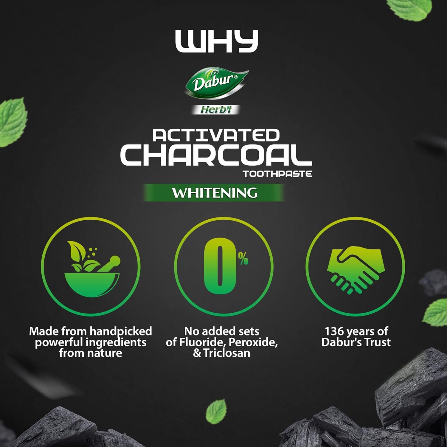 DABUR Herb'L Activated Charcoal Toothpaste 120gm (Pack of 1)|Whitening Black Gel Toothpaste|Fluoride Free|Fights Plaque & Extrinsic Stains|With Power of Mint|Cool & Refreshing Mouth Experien thumbnail