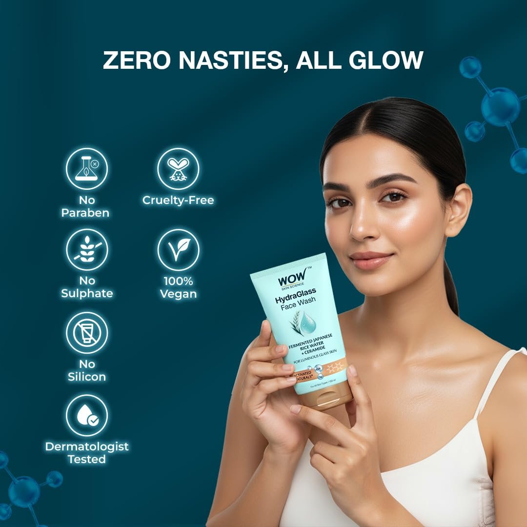WOW Skin Science HydraGlass Face Wash for Men & Women with Fermented Japanese Rice Water + Ceramide for Glass-Like Skin | Soap-Free Gentle Cleanser for All Skin Types | 150 ML thumbnail