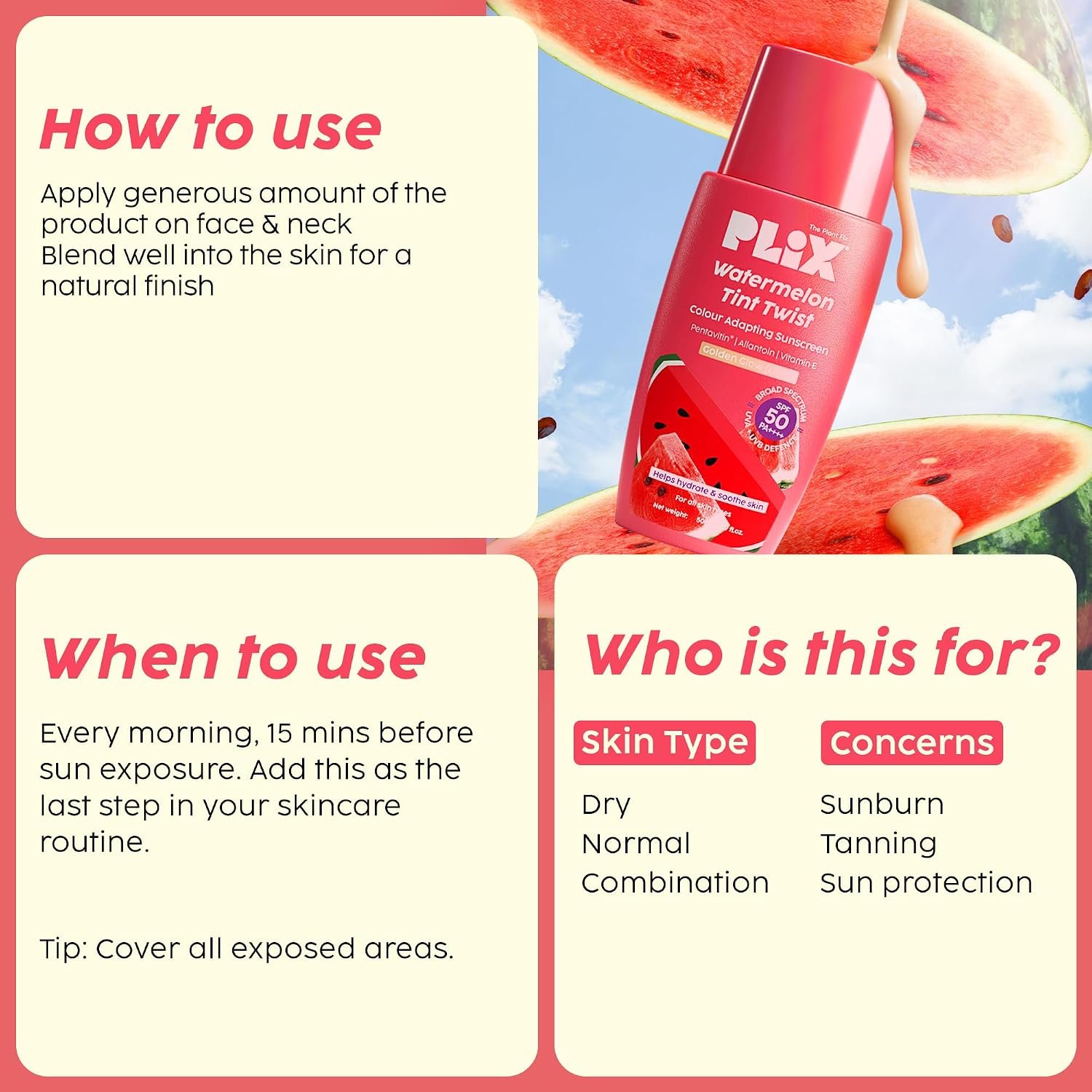 PLIX THE PLANT FIX Watermelon Tint Twist Colour Adapting Sunscreen SPF 50++++ With New Age UV-Filters | In Vivo Tested | Broad Spectrum Protection | Lightweight, Non-sticky | thumbnail
