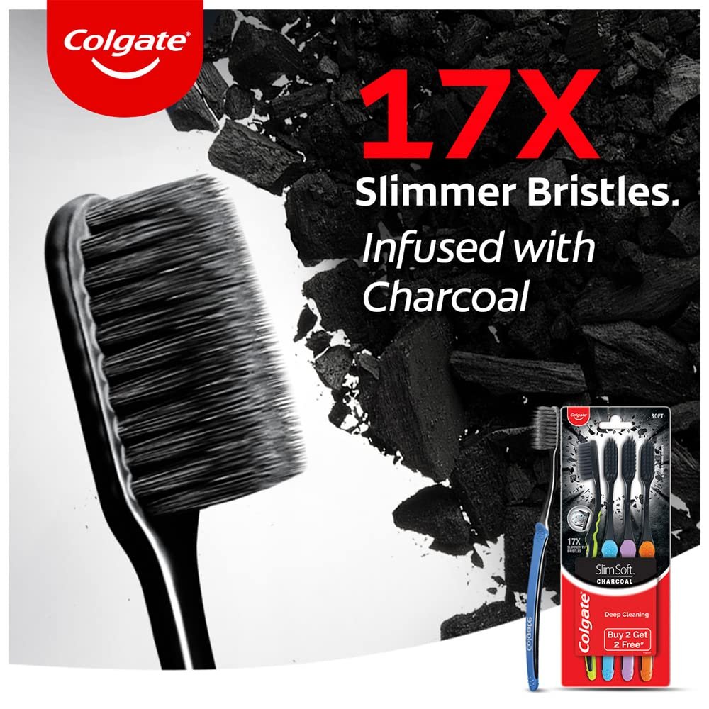 Colgate SlimSoft Charcoal Toothbrush Set of 4 | Soft Bristles | Deep Cleaning thumbnail