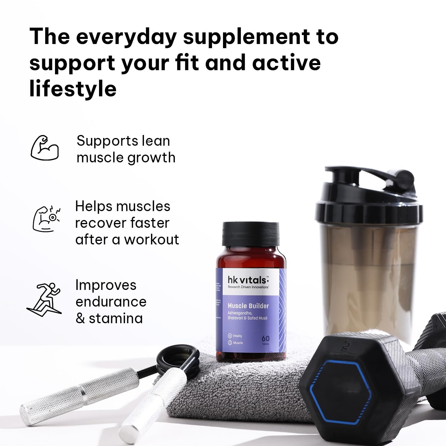 hk vitals Muscle Builder, 60 Tablets Blend of Ashwagandha, Shatavari and Safed Musli | For Immunity, Muscle Strength and Vitality thumbnail