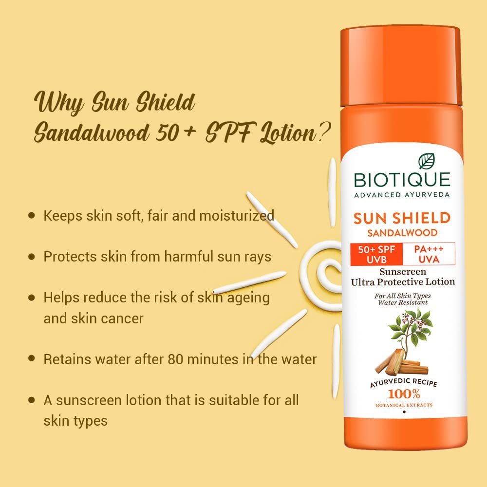 Biotique Bio Sandalwood Sunscreen Ultra Soothing Face Lotion, SPF 50+ |Ultra Protective Lotion| Keeps Skin Soft, Fair and Moisturized| Water Resistant| For All Skin Types| 120ml thumbnail