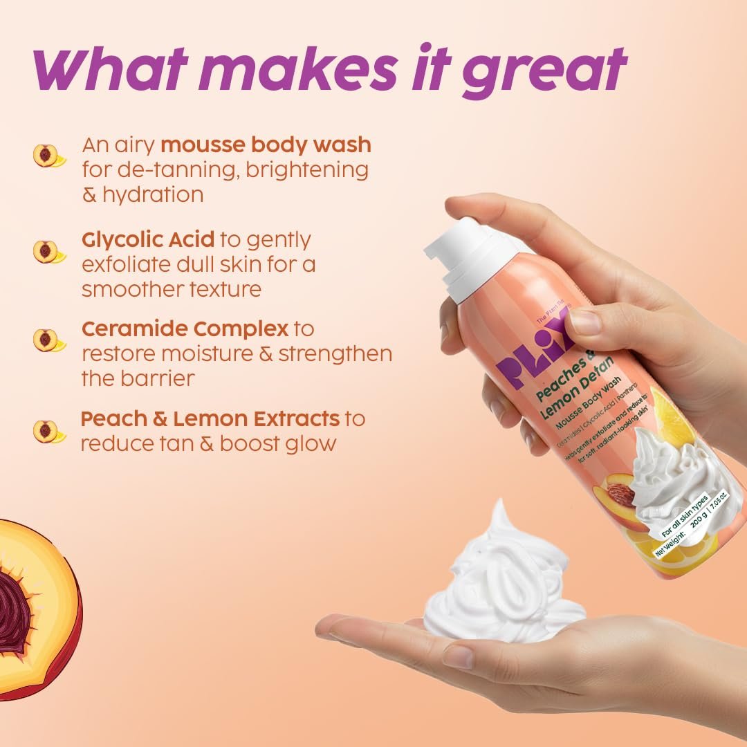 Plix Peaches & Lemon De-Tan Mousse Body Wash | Glycolic Acid & Ceramides | Hydrating Mousse Body Wash with Fruit Extracts | Smooth, Bright Skin thumbnail