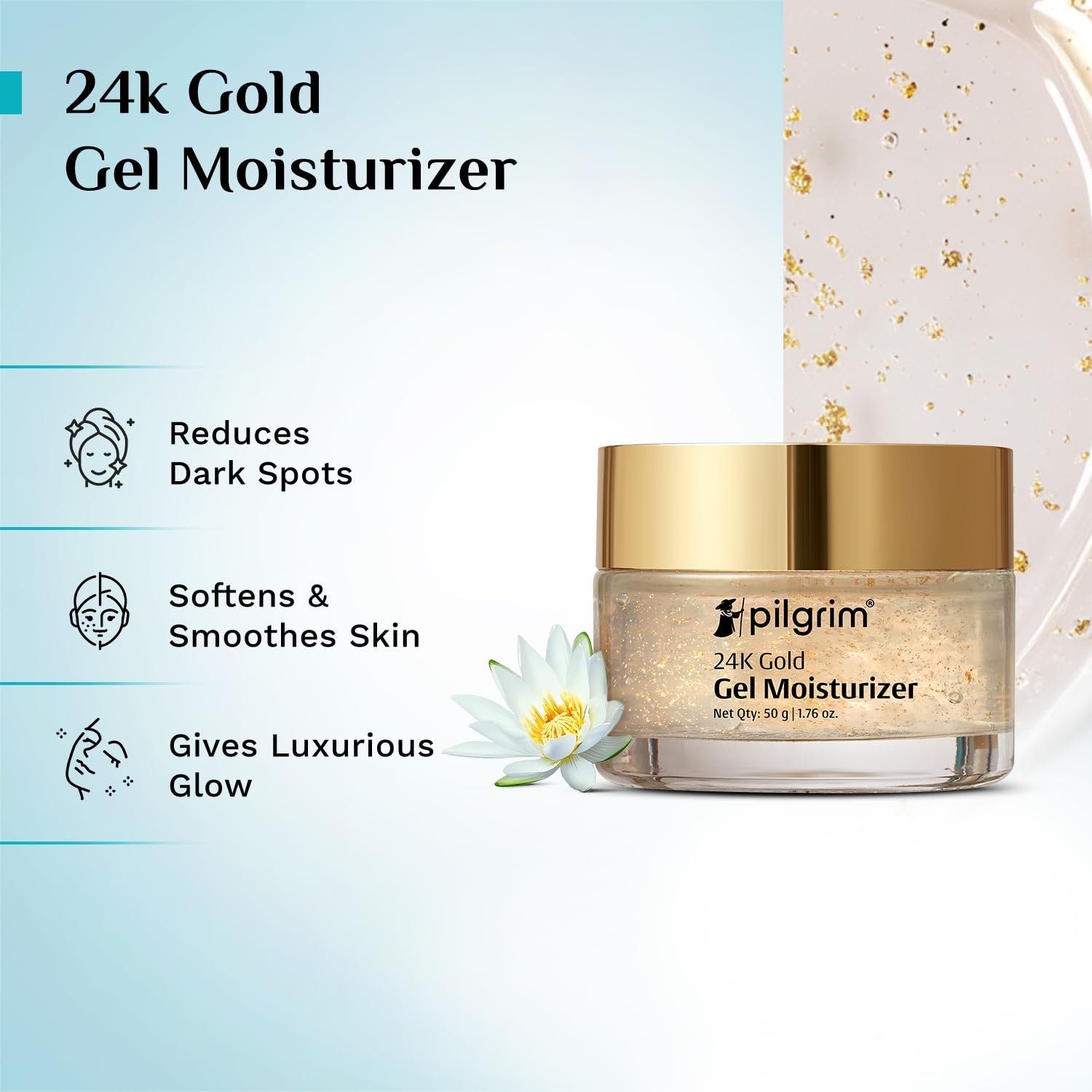 Pilgrim 24k Gold Gel Moisturizer with Hyaluronic Acid & Alpha Arbutin for men & women 50gm | Moisturizer for face | Reduces dark spots | Gives luxurious glow | Non-greasy thumbnail