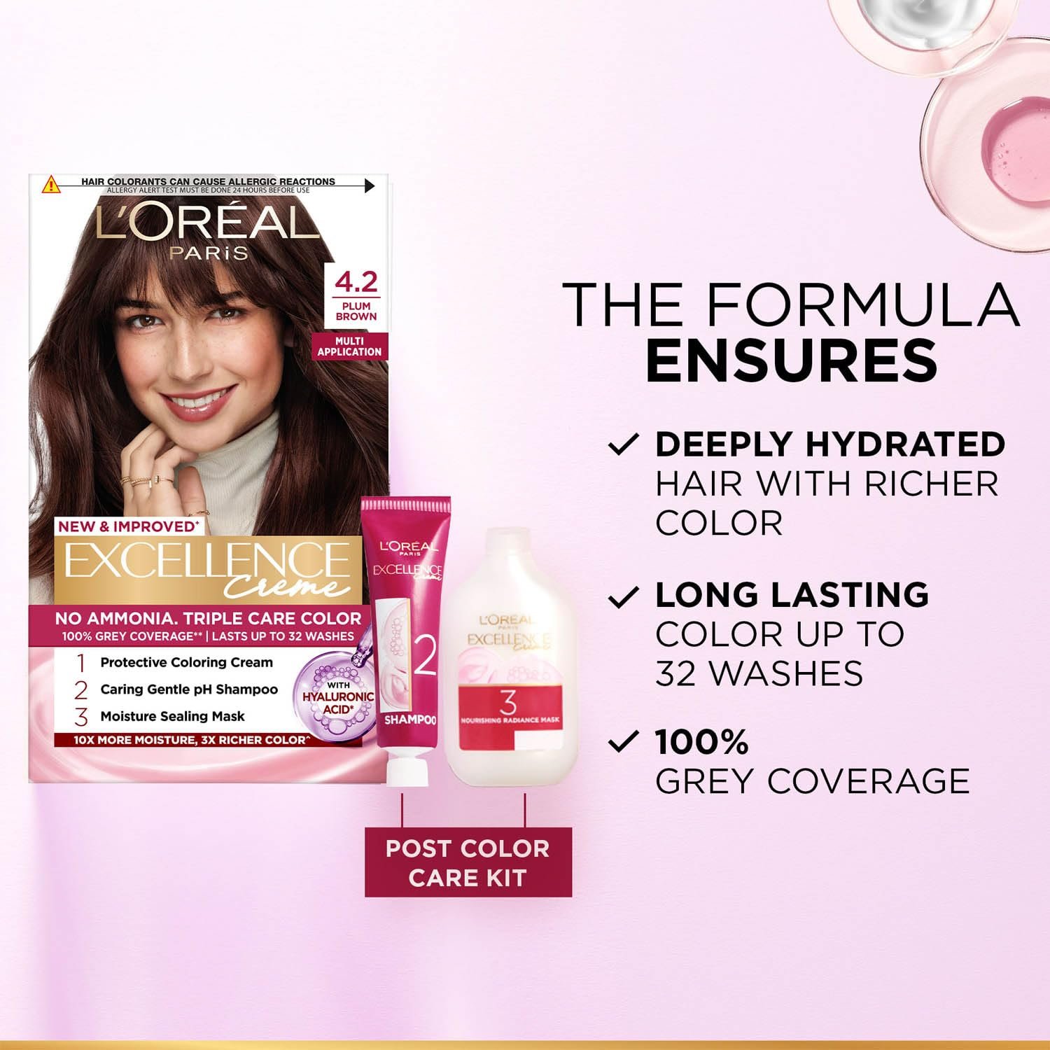 L'Oreal Paris Hair Colour, Radiant At-Home Hair Colour with up to 100% Grey Coverage, Excellence Creme, 4.2 Plum Brown, 72ml+100g thumbnail