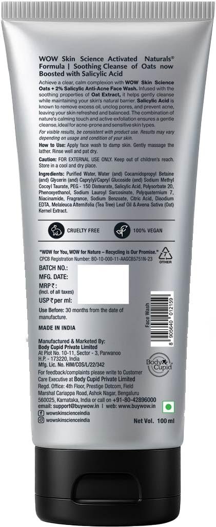 WOW Skin Science MEN OAT EXTRACT + 2% SALICYLIC ACID Anti-Acne Face Wash | Targets Acne & Prevents Breakouts | SalicShield™ Technology | No Sulphates, Parabens or Silicones | 100ml thumbnail
