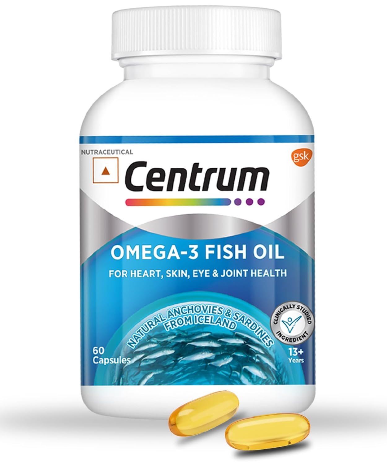 Centrum Omega 3 Fish Oil Capsules 1000mg Supplements | Omega 3 with 180mg EPA, 120mg DHA for Hair and Skin Health, Joint Health, Brain Health | No Fishy Aftertaste - 60 Capsules thumbnail
