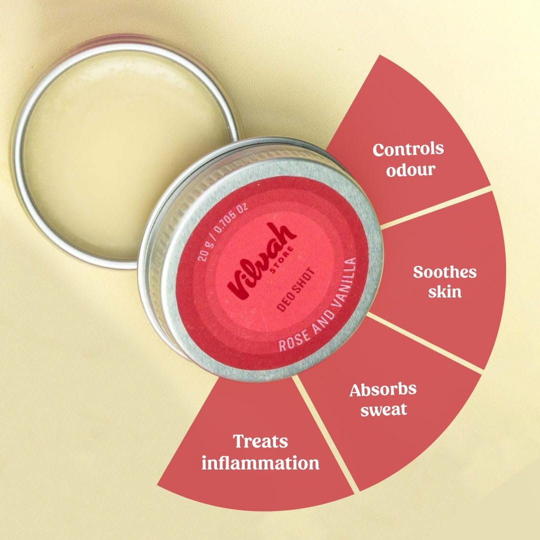 Vilvah Rose & Vanilla Deo Shot | Natural Underarm Deodorant for Odour Control & Dark Underarms | Absorbs Odour, Soothes Skin & Refreshes with Natural Fragrance | 20g thumbnail