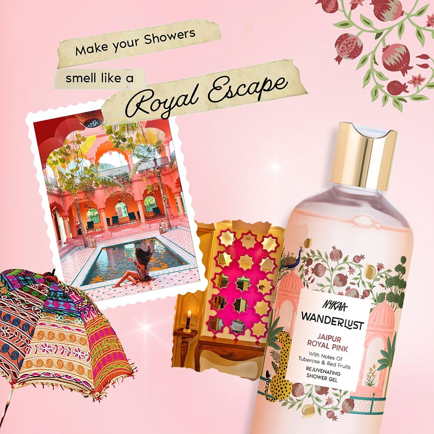 Nykaa Wanderlust Jaipur Royal Pink Fruity Perfume Body Wash, Pomegranate & Musk, Hydrating Shower Gel for Smooth & Soft Skin, Long-lasting Fragrance, No Paraben thumbnail