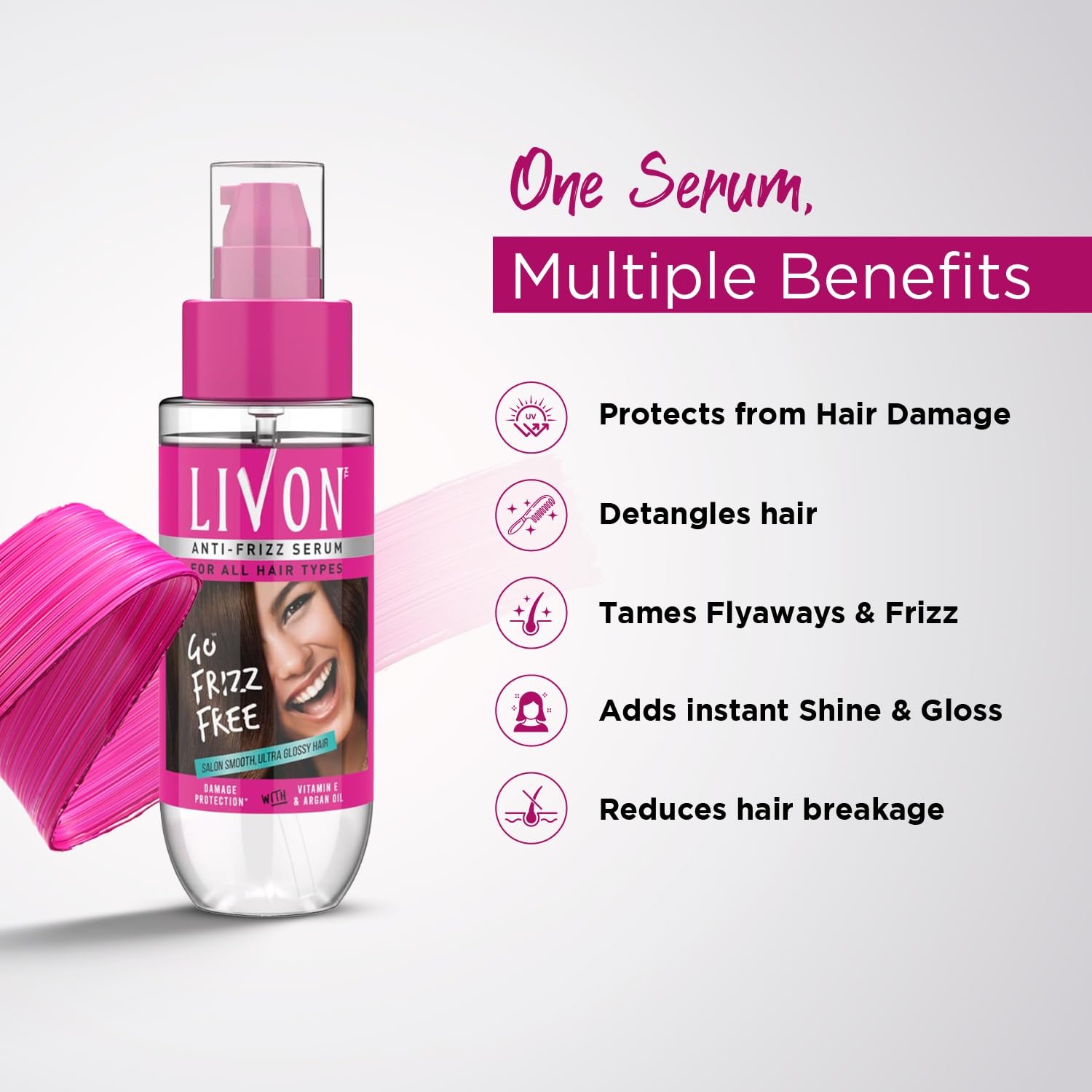 Livon Hair Serum, For Dry & Frizzy Hair | Provides shine, smoothness & damage protection| Leave in serum for women & Men| With Vitamin E & Argan Oil | 100ml (Pack of 2) thumbnail