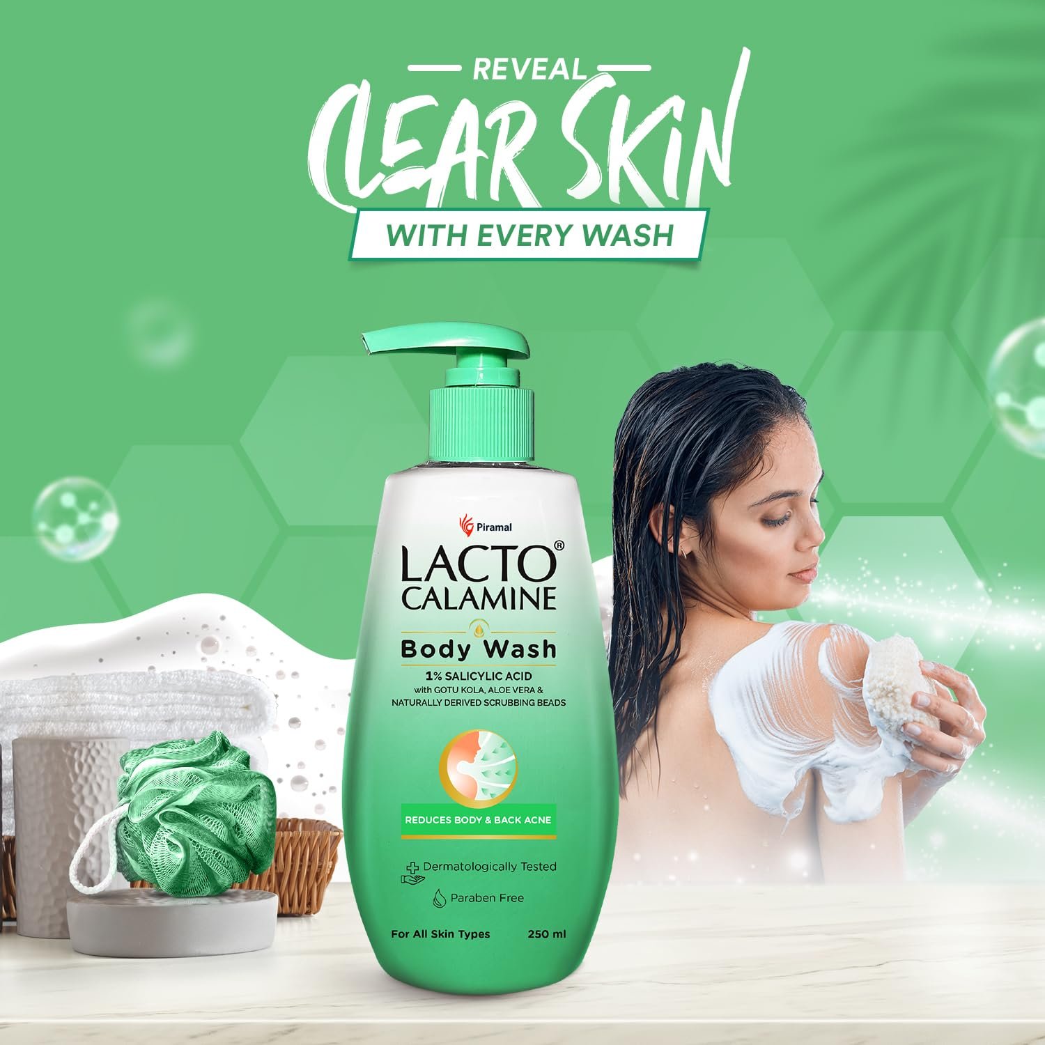 Lacto Calamine 1% Salicylic Acid Body Wash | 250ml | For Body Acne, Back Acne, Rough & Bumpy Skin |Cica, Aloe Vera, Turmeric & Natural Scrub Beads | Paraben Free | thumbnail