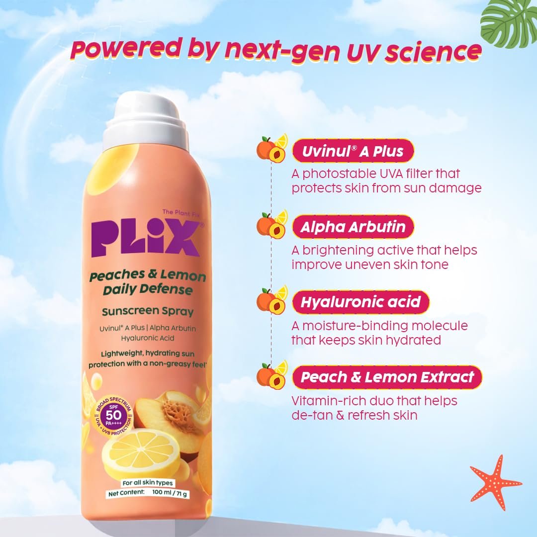 PLIX THE PLANT FIX Peaches & Lemon Daily Defence Sunscreen Spray With New-Age UV Filters | In Vivo Tested SPF 50 PA++++ | Lightweight Body Sunscreen Spray thumbnail