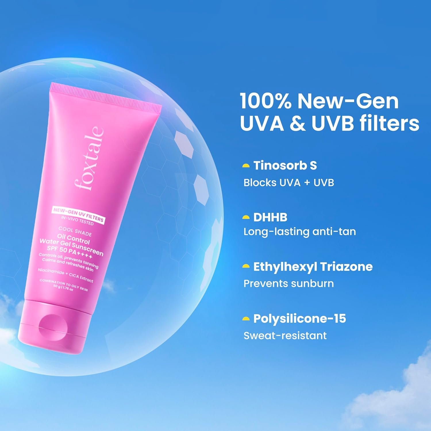 Foxtale Gel Sunscreen for Oily Skin, SPF 50 PA++++, In-Vivo Tested, 50ml No White Cast, Matte Finish, Lightweight, Non Comedogenic, Cica, Niacinamide, Men, Women, Prevent Tan, Water-Based Te thumbnail