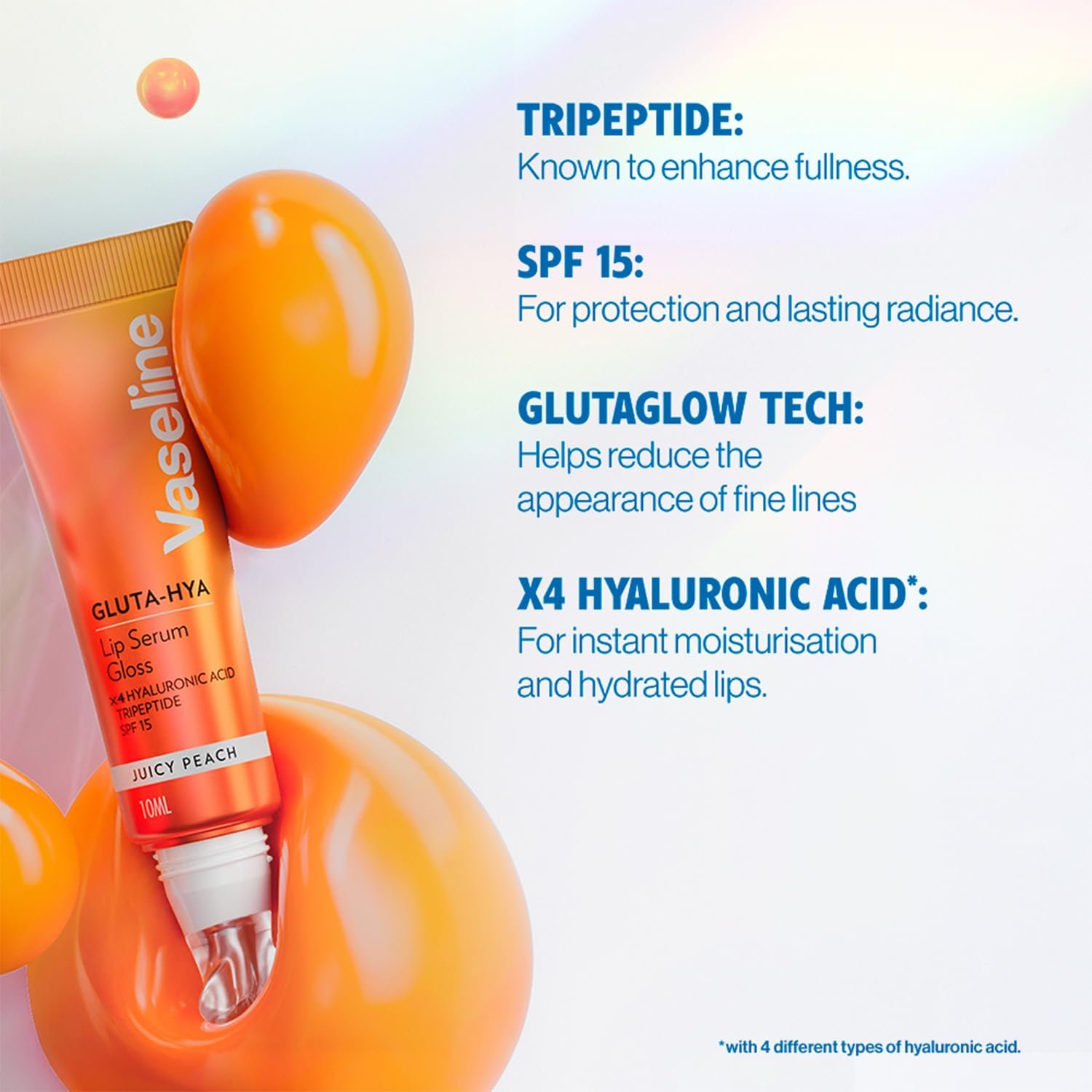 Vaseline Gluta-Hya Juicy Peach Lip Gloss, Serum Lip Care with Hyaluronic Acid and GlutaGlow Technology, Tints, Plumps and Protects with SPF15 for Plumper Lips | 10 ml thumbnail