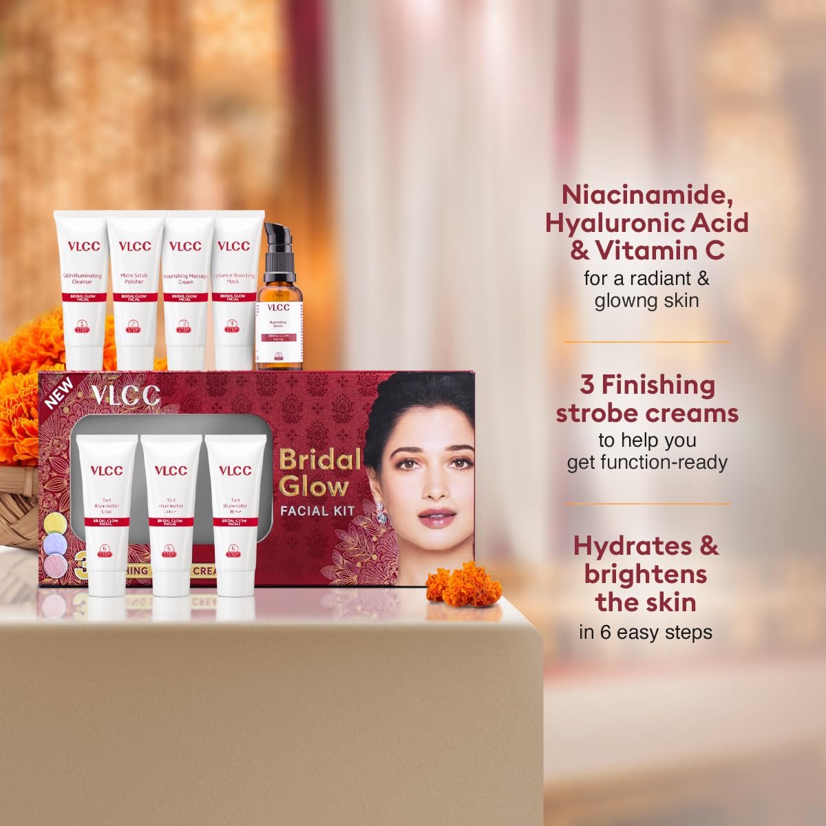 VLCC Bridal Glow Facial Kit - 147g | At-Home Facial With 3 Illuminator Strobe Creams - Gold, Lilac, Rose | With Hyaluronic Acid, Niacinamide, and Vitamin C thumbnail