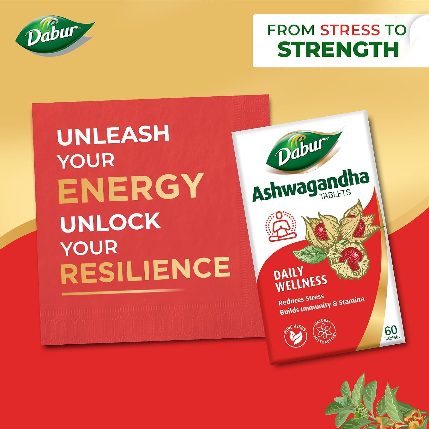 Dabur Ashwagandha Tablets - 60 tabs | General Wellness Tablets | Stress Relief | Rich in Antioxidants | Immunity Booster | Rich in Antioxidants | Rejuvenates Body thumbnail
