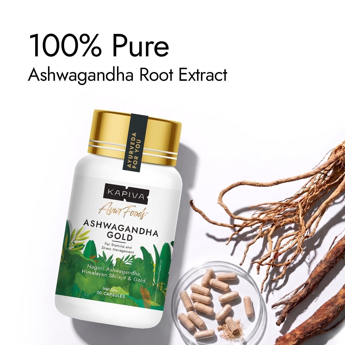 Kapiva Ashwagandha Gold Capsules, 183rd day harvested Potent Nagori Ashwagandha With Gold, Shilajit | Helps in Stress Management, Improve Energy and Stamina | For Men & Women (30 Capsules) thumbnail