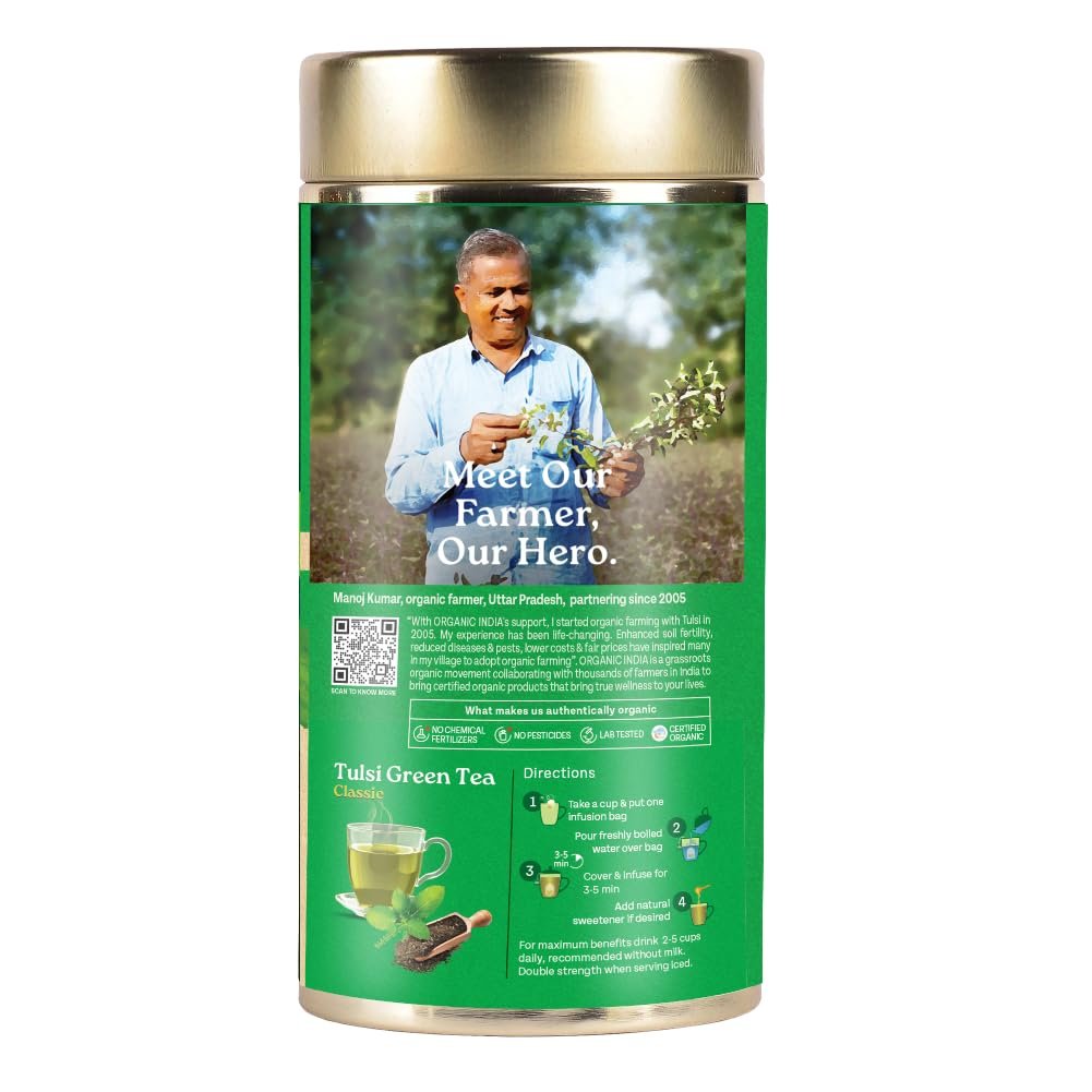 A TATA Product - Organic India Tulsi Green Tea Classic Loose Leaves ,Stress Relieving, Uplifts Mood, Rich in Antioxidants - 100g thumbnail