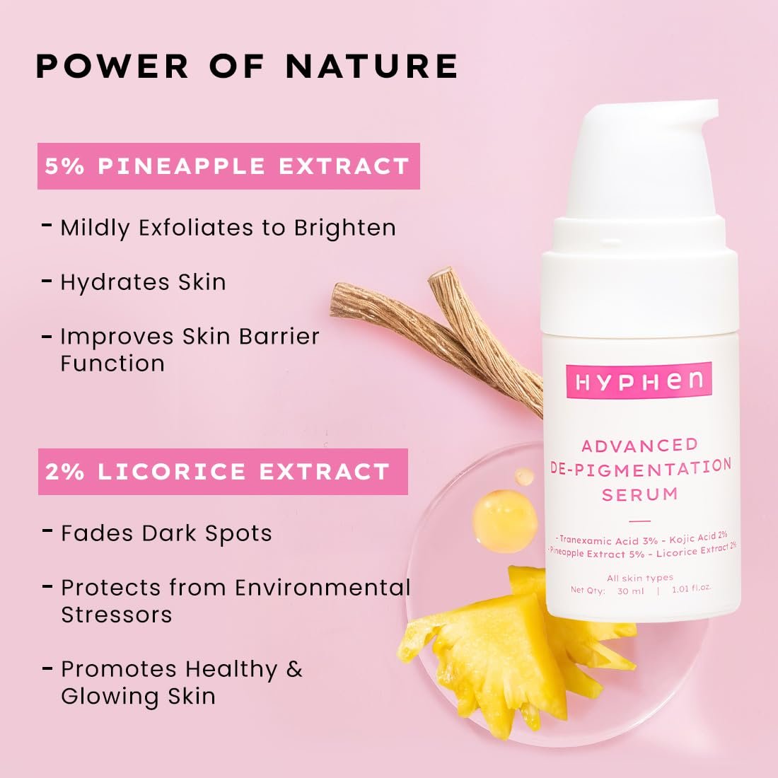 Hyphen Advanced De-Pigmentation Serum For Hyperpigmentation, Melasma, Dark Spots & Scars With 2% Kojic Acid | Visibly Brightens & Even Tones Skin | Serum For Women & Men - 30ml thumbnail