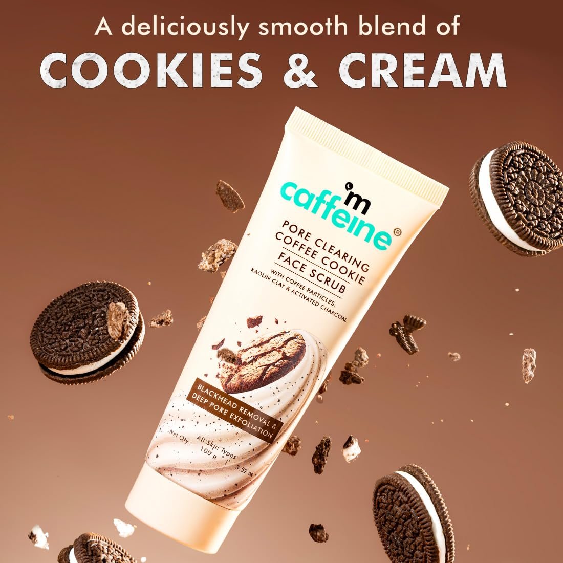 mCaffeine Pore Clearing Coffee & Cookie Face Scrub | Remove Blackheads, Detan & Exfoliate Dead Skin | 4.5% Exfoliants - Walnuts, Coffee, Charcoal, Clay | Glowing Skin Face Scrub  - 100g thumbnail