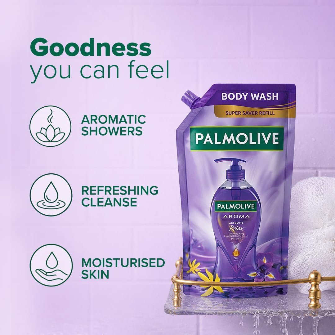 Palmolive Aroma Absolute Relax Body Wash, 750ml Shower Gel Refill Pack, 100% Natural Ylang Ylang Essential Oil & Iris Extracts for a Soft and Smooth Skin, pH Balanced, Free of Parabens & Sil thumbnail