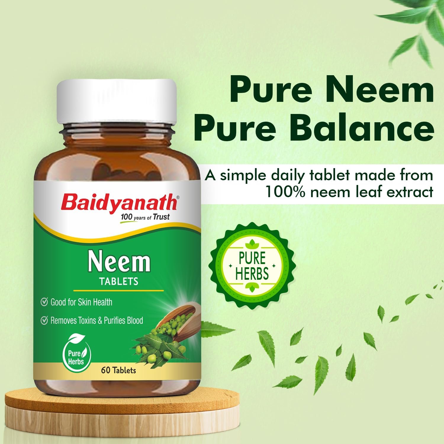 Baidyanath Ayurved Neem 60 Tablets | Herb For healthy Skin & Hair, Natural Extracts Of Neem | thumbnail
