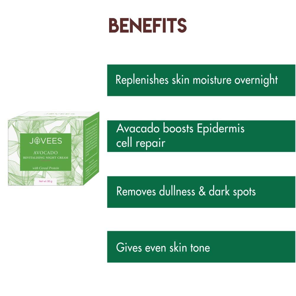 Jovees Herbal Avocado Revitalizing Night Cream for Younger and Glowing Skin with Avocado Helps Brightening Skin, Age Spots, Fine Lines and Wrinkles | Non-Greasy & Lightweight | 50g thumbnail