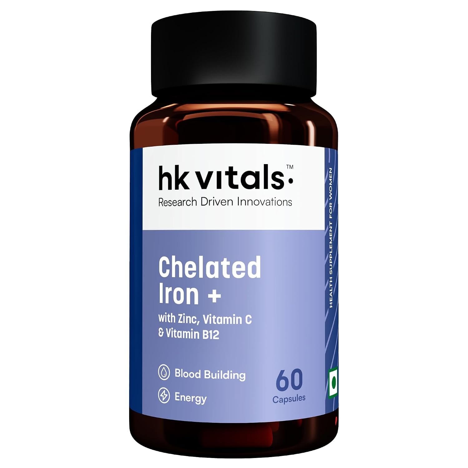 hk vitals Chelated Iron + Supplement, 60 Capsules With Zinc, Vitamin C & Vitamin B12 | Supports Blood Building, Immunity & Energy