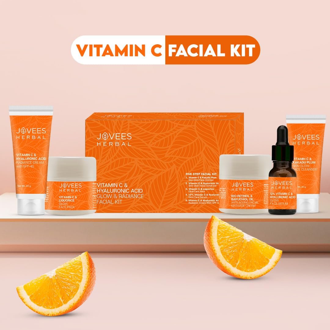 Jovees Herbal Vitamin C & Hyaluronic Acid Glow Facial Kit For Brighter & Radiant Skin | Kit For Improves Uneven Skin Tone, Fines Lines & Dullness 215g (Multiple use) thumbnail
