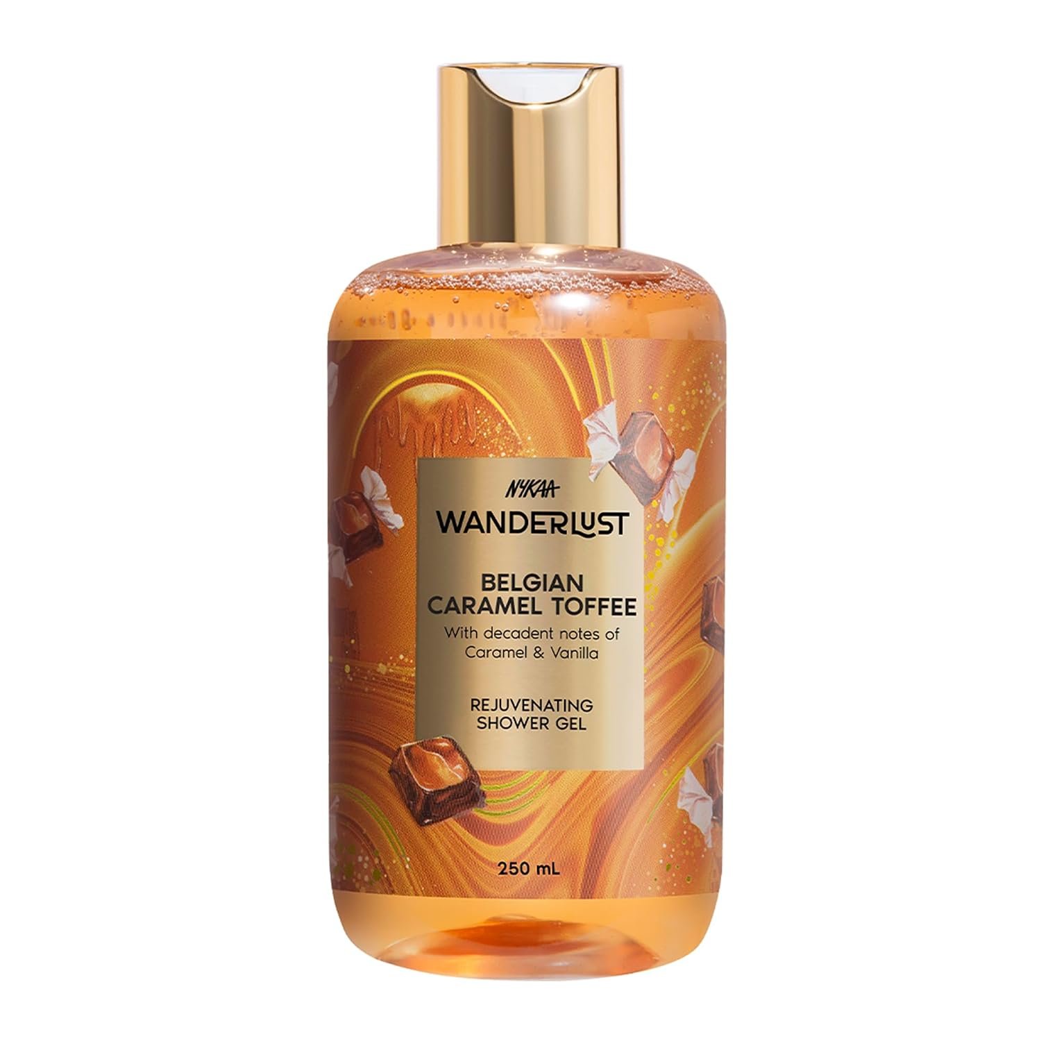 Nykaa Wanderlust Belgian Caramel Toffee Exfoliating Perfume Body Wash, Lactic Acid & Vitamin E, Caramel & Vanilla, Hydrating Shower Gel for Smooth & Soft Skin, Long-lasting Fragrance, No Par thumbnail