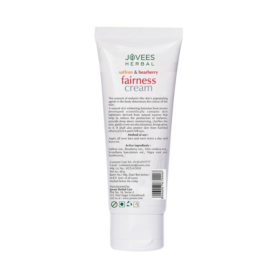 Jovees Herbal Saffron & Bearberry Fairness Face Cream | For Women/Men | Bright, Even Toned and Glowing Skin | UVA/UVB Protection | Paraben and Alcohol Free | 60GM thumbnail