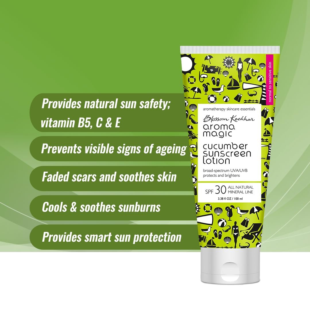 Aroma Magic Cucumber SPF 30 Sunscreen Lotion 100ml | for Normal to Sensitive Skin | Non-Nano Zinc Oxide, Wheatgerm & Coconut Oil | Cools, Soothes & Protects | No Parabens or Alcohol thumbnail