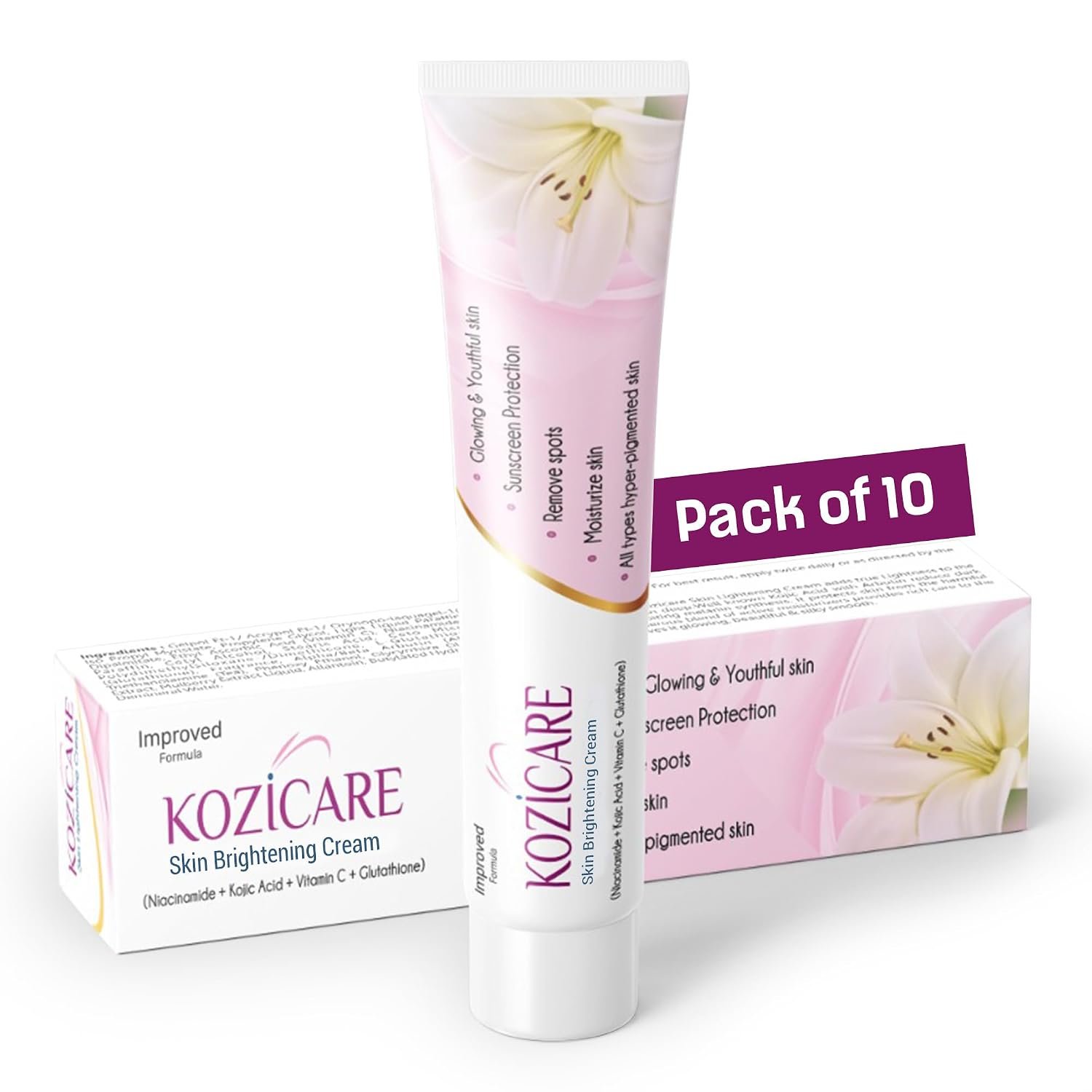 Kozicare Skin Lightening Cream - 15gm (Pack of 10)| Enriched with Kojic Acid, Alpha Arbutin, Glutathione, Niacinamide and Vitamin C | Best for Melasma, Pigmentation, Acne Scars, Dark Spot