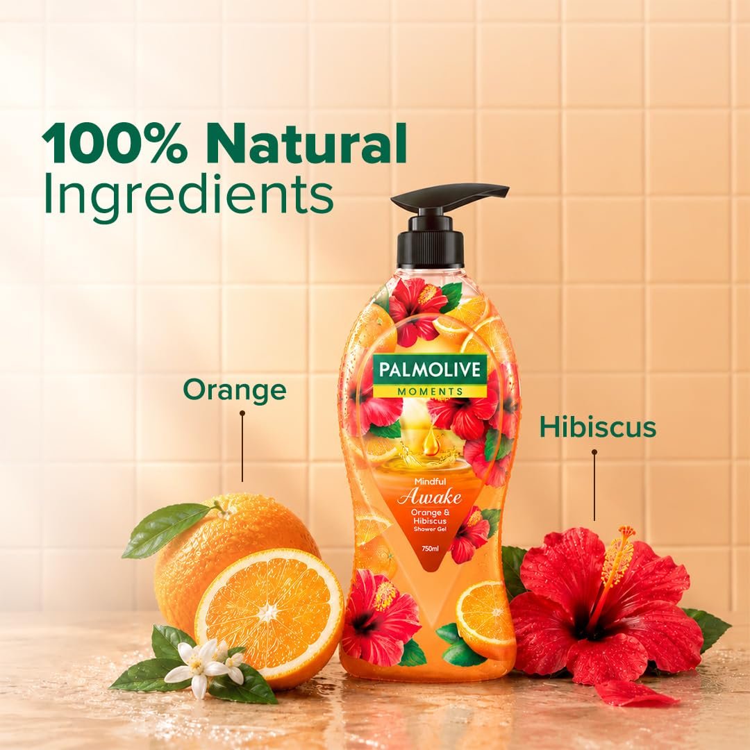 Palmolive Mindful Awake Body Wash, 750ml Shower Gel Single Pump Bottle, 100% Natural Orange & Hibiscus Extracts, pH Balanced Bodywash, Free of Parabens & Silicones thumbnail