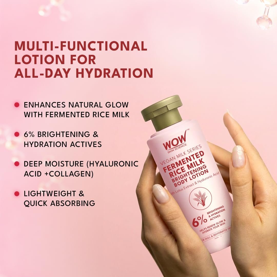 WOW Skin Science Fermented Rice Milk Brightening Body Lotion for Dull and Dehydrated Skin | 6% Brightening and Hydration Actives | Lotus Extract, Hyaluronic Acid, Shea Butter, Collagen 275ml thumbnail