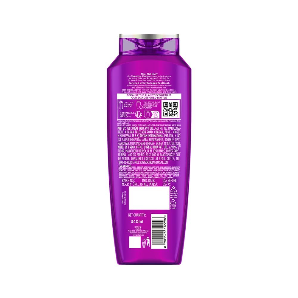 L'Oréal Paris Collagen Lifter Volumizing Shampoo with Collagen Peptides for thin, flat hair, gives instant volume lift & thicker, fuller hair, 340ml thumbnail