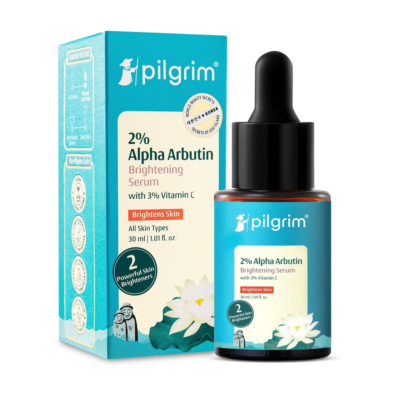 PILGRIM Korean 2% Alpha Arbutin & 3% Vitamin C Brightening Face Serum for glowing skin| Alpha arbutin face serum|All skin types | Men & Women| Korean Skin Care| Vegan & Cruelty-free | 30ml