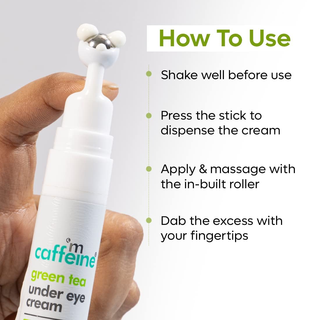 mCaffeine Green Tea Under Eye Cream to Reduce Fine Lines, Wrinkles & Dark Circles | 3% Caffeine, 1.5% Vit C & Peptides to Reduce Puffiness & Refresh Skin | Cooling Gel & Roller  -15 ml thumbnail